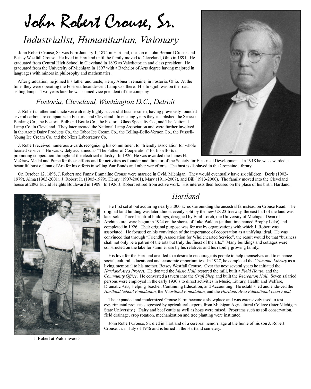 A biographical page titled 'John Robert Crouse, Sr. — Industrialist, Humanitarian, Visionary,' with a formal portrait and a photo of him at Waldenwoods.