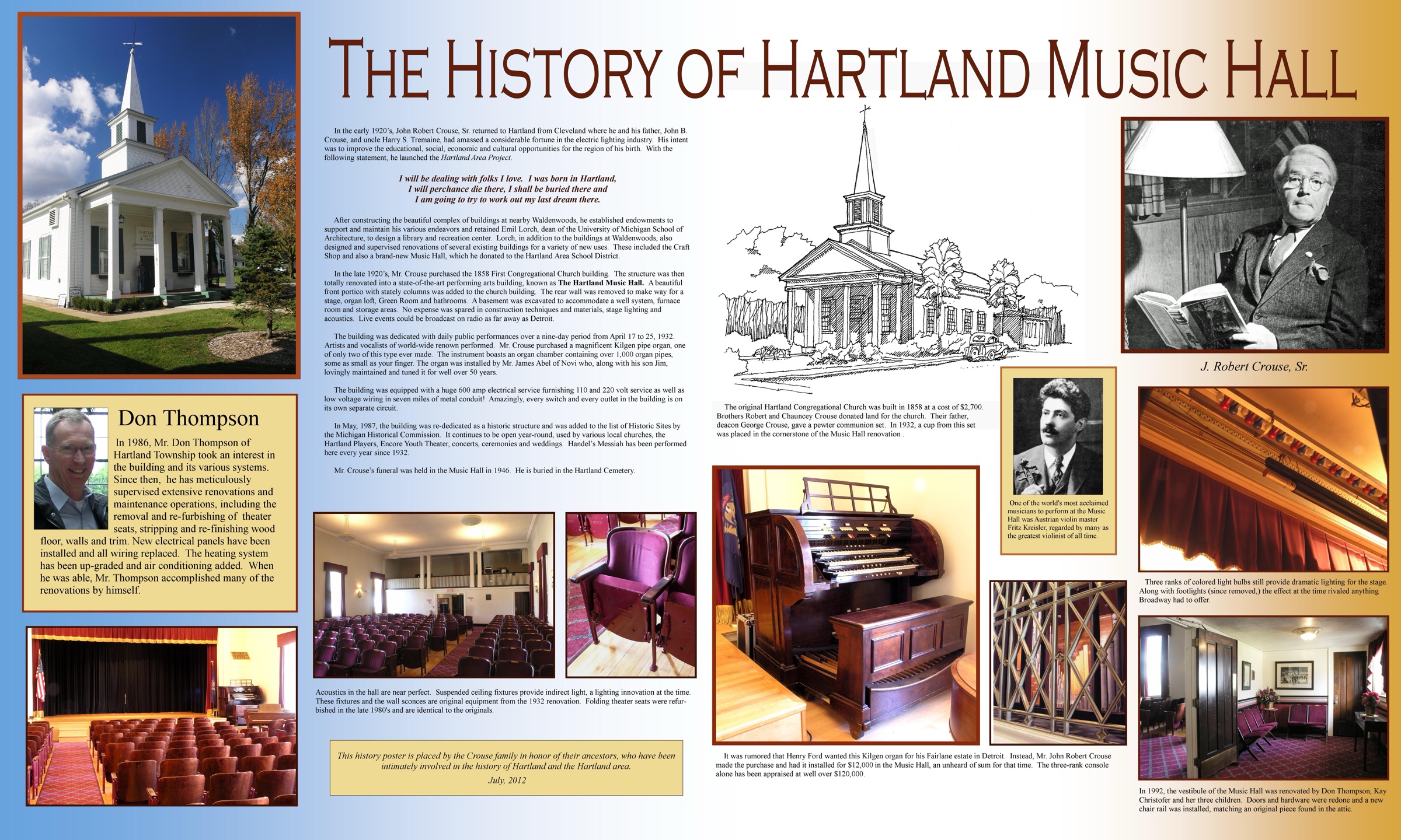 A history poster titled 'The History of Hartland Music Hall,' placed by the Crouse family in July 2012, showing photos of the Hall, J. Robert Crouse Sr., the Kilgen pipe organ, and the theater seating.